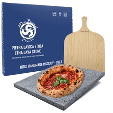 Pizza Stone Set - Pizzastein für Backofen und Gasgrill 39 x 35 cm Set inkl. Pizzaschieber - Made in Italy - Pizzastein rechteckig aus Ätna lavastein für knusprigen Pizzaboden wie vom Italiener - My Friend Sicilia