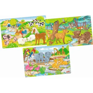 GoKi 57377 - Puzzles Tiere aus Holz - 3 Verschiedene Motive mit Tieren - mit Waldtieren, Zootieren und Bauernhoftieren