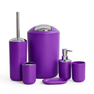 6-TLG Badset Badezimmer Zubehör Set Organizer: Seifenspender, Zahnputzbecher, Kosmetikeimer, WC Bürste und Halter, Seifenschale, Mülleimer, Zahnbürstenhalter, Badgarnitur (Lila Design 2)
