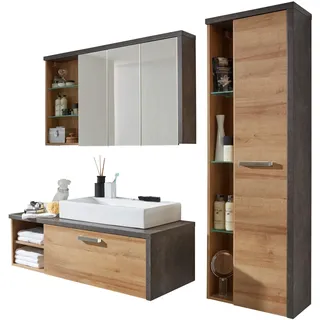 trendteam smart living - 4-teilige Badkombination Badmöbel - Badezimmer - Bay - Aufbaumaß (BxHxT) 186 x 160 x 53 cm - Farbe Beton dunkel mit Eiche Riviera Honig - 169390228