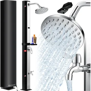 KESSER® Solardusche 40- 60 Liter Solar Gartendusche | warmes Wasser | max. 60°C | Inkl. Metall-Duschablage & Schutzhaube | Pooldusche Camping| Regenduschkopf und Wasserhahn Gartenschlauch-Anschluss - Silber