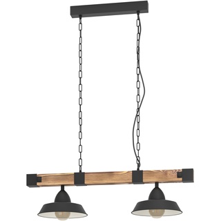 EGLO Hängelampe Oldbury, 2 flammige Vintage Pendelleuchte im Industrial Design, Pendellampe aus Stahl und Holz, Farbe Schwarz, braun rustikal, E27, 86 cm, FSC zertifiziert