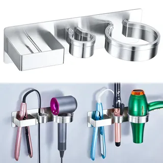 XILIMOR Föhn und Glätteisen Halterung, Fönhalter Ohne Bohren, 3-in-1 Fönhalterung Bad Haartrocknerhalter Wandhalterung Föhn Halterung Für Glätteisen, Lockenstab, Fön Aufbewahrung Föhnhalter (Silber)