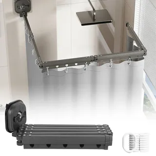 Faltbare Duschvorhangstange mit Saugnapf, Duschvorhangstange ohne Bohren, Wasserdicht Duschvorhang mit Stange, Wandmontage L/U Form Duschvorhang Stange für Ecke/Badewanne (Schwarz, 5-Segment)