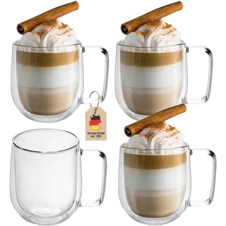 INTIRILIFE 4X Doppelwandige Thermo Gläser Set -150-200ml- Mundgeblasen isoliert für Espresso Cappuccino, Teegläser Kaffeegläser Latte Macchiato Tassen, Schwebeeffekt mit Henkel