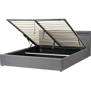 BELIANI Bett Dunkelgrau Stoff mit Bunter LED-Beleuchtung Bettkasten Lattenrost 180x200 cm Hochklappbar Hohes Kopfteil Modern Polsterbett Stauraumbett - Grau, Bunt