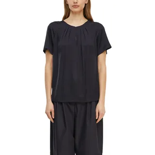 Kurzarmbluse COMMA, Damen, Gr. 46, navy, Web, Obermaterial: 95% Polyester, 5% Elasthan, unifarben, normal hüftbedeckend, Rundhals, abgerundeter Saum, Blusen Kurzarmbluse, Sommerbluse mit gerafftem Rundhals