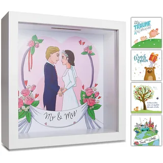 GLÜCKSWOLKE - Spardose Mr & Mrs I Hochzeit Motiv I 3D Bilderrahmen befüllen I Geldgeschenke Verpackung für JGA, Brautpaar, Hochzeitsgeschenk I Sparschwein Deko I Sparbüchse Hochzeitskasse Geschenk