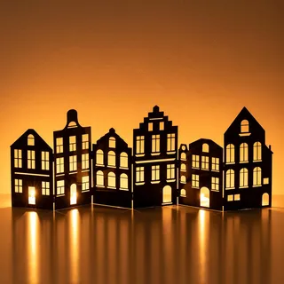 Sziqiqi Häuser Silhouette für Weihnachtsdeko Schwarz: 70 cm Häuserzeile Weihnachten Kerzenhalter für Stumpenkerzen Teelichter - Metall Haus Weihnachtsdeko zum Hinstellen für Fensterbank Kamin