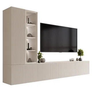 MIRJAN24 Wohnwand Tiwori, Stilvoll Wohnzimmer-Set, TV-Schrank, Modern Mediawand (Cashmere / Cashmere + Travertin mit Weißer LED-Beleuchtung) - Beige