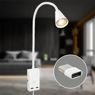 BRILONER - Leselampe mit USB Port, Ein/Aus-Schalter, schwenkbar, Stecker, Wandleuchte Innen, Wandlampe, Bettlampe, Lampe Bett, Leselicht, Nachttischlampe, 50 cm hoch, Weiß