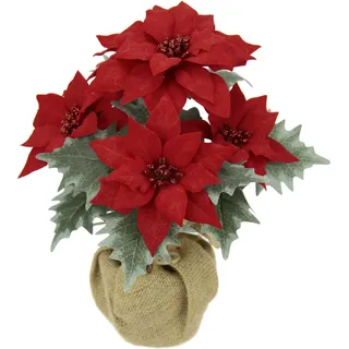 Künstliche Blume Poinsettie im Jute-Topf Weihnachtsstern Christstern Weihnachtsdeko Weihnachtsblume Blumenschmuck Kunstblume Weihnachtliche Dekoblume Zweig X'Mas Strauß Geschenk Deko Adventsstern