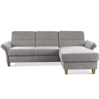CAVADORE Ecksofa Wyk mit Federkern / Eckcouch im Landhaus-Stil mit Longchair und Holzfüßen / 252 x 90 x 162 / Chenille, Hellgrau