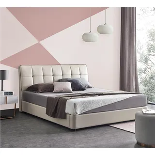 Betten Lederbett Doppelbett Ehebett 180x200cm Leuchte Designer Polsterbett Bett - Beige