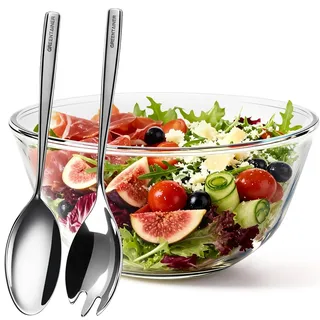 Greentainer Salatschüssel Set 3-teilig, Salatbesteck Edelstahl mit Salatschale, runde Schale 27 cm, Salatschüssel Glas, spülmaschinengeeignet