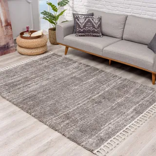 Carpet City Teppich Hochflor Wohnzimmer - Ethno Stil Meliert 80x400 cm Grau Creme - Teppich-Läufer mit Fransen
