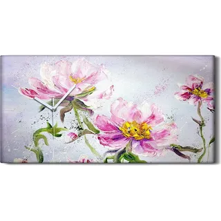 Wandkunst Leinwand Bild Uhr Geräuschlos 60x30 Gemälde Blumen Pfingstrosen Floral - weiße Hände - Rosa
