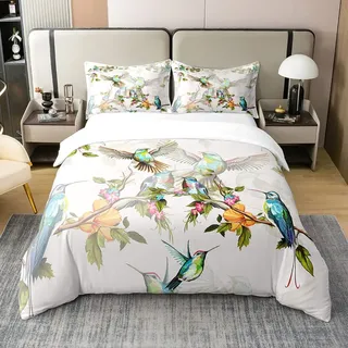 Homewish Bettbezug, 140 x 200 cm, Vögel, Baumwolle, Kolibri, Bettwäsche, blau, grün, Frühling, Wildtiere, Bettbezug für Frauen und Mädchen, 1 Kissenbezug