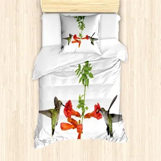 ABAKUHAUS Kolibri Mantele, Hummingbird Nectar Sip, Milbensicher Allergiker geeignet mit Kissenbezügen, 135 cm x 200 cm - 80 x 80 cm, Rot-Schwarz-Grün - Rot