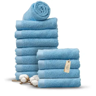 MissTowels® Handtuch Set 12-teilig – 100% Baumwolle aus Portugal, Himmelblau, 50x100 cm – Weich & Saugfähig – Hotelqualität – Oeko-TEX Zertifiziert – 8+4 Gratis