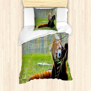 ABAKUHAUS Afrika Bettbezug Set, Netter roter Panda auf dem Feld, das mit Bambus spielt, verzweigt sich gebürtige Himalaja-Berge, 135 x 200 cm + 80 x 80 cm, Rotbraun
