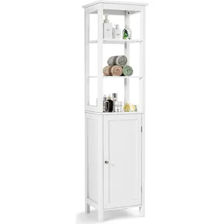 COSTWAY 5-stöckiger Hochschrank schmal, Badschrank mit verstellbarer Regalen & Tür, freistehend platzsparend für Wohn- & Badezimmer Weiß - Weiß