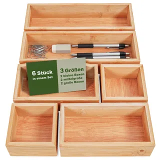 DeinKaufladen.com 6er Set Aufbewahrungsbox Holz Organizer – praktische und flexible Bambus Box - Schubladen Box Sortierbox Sortierkasten Kosmetik Aufbewahrung Ordnungsbox Holzboxen Holzkasten