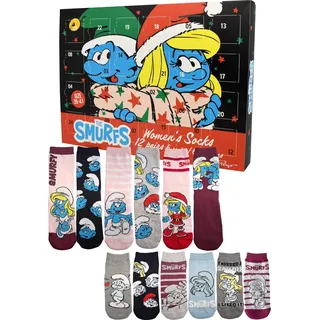 Die Schlümpfe Adventskalender mit 12 Paar Socken Größe 35-41 für Damen Weihnachtskalender mit Sneakers und langen Socken