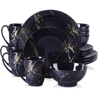 Zafiro Servieset 16-teilig – Keramik – Diner-, tiefe & Frühstücksteller – Dunkelblau/Gold – Für 4 Personen - Schwarz