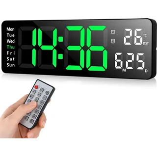MODFU Digitale Wanduhr, USB-Wanduhr mit großem Display, LED-Digitaluhr mit Fernbedienung, Timer und Countdown, große Uhr mit Datum, Wochentag, Temperatur - Grün, Orange, Weiß, Blau