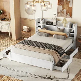 MODFU Massivholzbett Doppelbett 180x200cm mit 4 Schubladen und Lattenrost,Holzbett mit Bücherregal Kopfteil, Kinderbett Jugendbett mit Staufächer,Weiß(ohne Matratze) - Weiß