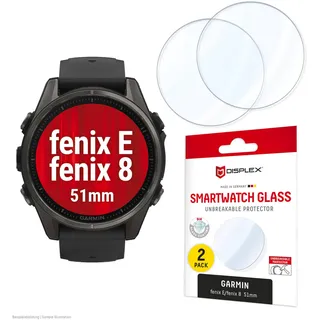 Displex 9H Schutzfolie, Garmin fenix E/fenix 8 (51mm), 2 Stück, ultradünn, randlos, Made in Germany