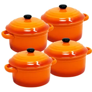 ToCi 4 x kleine Auflaufschalen mit Deckel | Mini Ofenformen aus Keramik 200 ml | Runde Förmchen Ø 10 x 5 cm | kleine Auflaufform | Farbe: Orange im 4er-Set