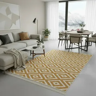 Fashion4Home Teppich Läufer - Tepiche für Wohnzimmer, Schlafzimmer, Küche, Kinderzimmer, Badezimmer - Boho Kelim - Läufer Flur, Trio-Gold-Weiß, Größe: 140x200 cm