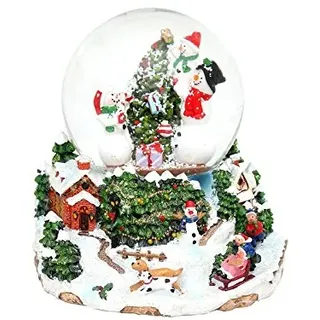 Dekohelden24 Schneekugel, Tannenbaum mit Schneemänner, mit Schneewirbel, Sound und Licht, Maße H/B/Ø Kugel: ca. 15 x 14 cm/Ø 10 cm.