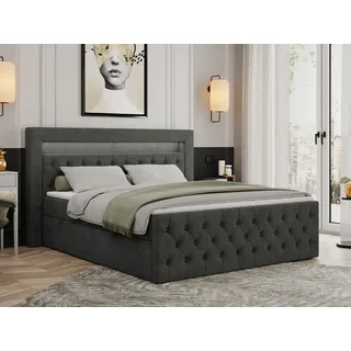 Boxspringbett 200x200 mit Led, Polsterbett 200x200 mit LED Kopfteil - Multipocket-Matratze H4 - Doppelbett mit Bettkasten Stauraumbet - GOLD-9 - 200x200cm - Strukture - Dunkelgrau - H4 - Grau