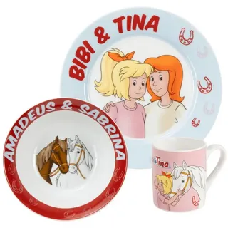 UNITED LABELS Bibi & Tina 3-teiliges Geschirrset für Kinder, Rot Blau, Frühstücksset aus Porzellan mit Teller Ø 19 cm, Tasse 220 ml und Schale 330 ml, Kindergeschirr