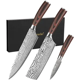 Sunnecko Küchenmesser Set 3 Teilig, Profi Messer set | Scharfe Kochmesser, 20cm Chefmesser, 17cm Hackmesser & 9cm Schälmesser, Ultra Scharfes Messerset für Küche