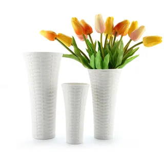 ComSaf 20cm Hoch Porzellan Blumenvasen Weiß 3er-Set Vasen, Deko vase mit Webmuster für Wohnzimmer, Büro und Hochzeit Vase für Pampasgras