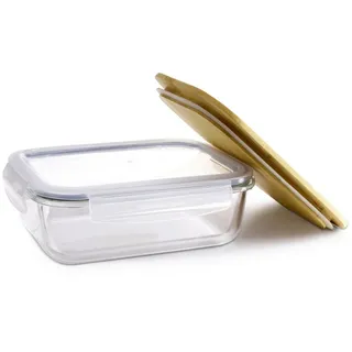 Homeware Profession. Vorratsdose , Klar , Glas , Bambus , vollmassiv , 1,32 l , rechteckig , 16.5x6.7x22.1 cm , Lfgb , lebensmittelecht, luftdichter Verschluss, hitzebeständig, mikrowellengeeignet , Küchenzubehör, Vorratsbehälter, Vorratsdosen