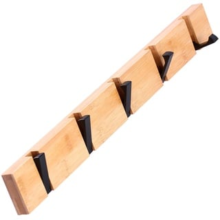 YunNasi Hakenleiste Holz Kleiderhaken Klappbar Garderobenleiste Wand Garderobenhaken mit 5 Faltbar Haken für Jacken Mäntel Schals Hüten Handtaschen(Natur,5 Haken,42cm)