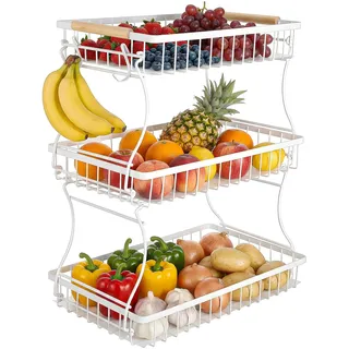 Cozary 3 Stockig Obstkorb Etagere 37x21x45cm, Obst Etagere mit 3 Ablagebrettern, Fruits Basket Stapelbar, Raumsparend, für Buffets, Obst, Snack, Gemüse, Kekse, Desserts, Weiße
