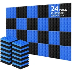 AGPtEK Schalldämmende Polsterung 24 Stück Schaumstoff-Dämmplatten 25 x 25 x 5 cm Akustikschaumstoff Rot und Schwarz Ideal für Tonstudio, Fernsehzimmer, Kinderzimmer, Büro und Podcast(Blau und Schwarz)