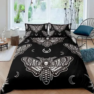 Jungen Boho Motte Bettbezug Herren Gothic Totenkopf Bettwäsche Set für Mädchen Frauen Schlafzimmer Dekor Böhmischer Mond Stern Bettwäsche 135x200cm Personalisierter Mottenschädel Skelett Knochen