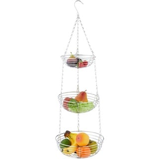 Relaxdays Obstkorb hängend, HxD: 82 x 26,5 cm, 3 Etagen, Metall, runder Hängekorb für Obst & Gemüse, Obstschale, Silber