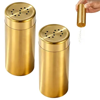 2 Stück Salz und Pfefferstreuer Set, 60ml Klein Salzstreuer Gewürzflasche mit P und S Deckel, Gold Edelstahl Salzpfefferspender für Küchen BBQ Camping