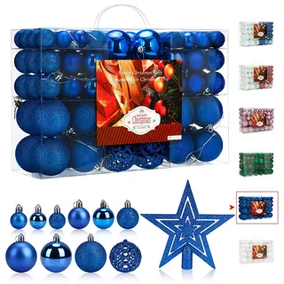 Aitsite 101 Stück Christbaumkugeln Blau Weihnachtskugeln 6CM/4 cm/2 cm Kunststoff Christbaumschmuck Wandbehang Ornamente Weihnachtsbaum Kugeln Flitter Tür Dekorationen Festival Dekore