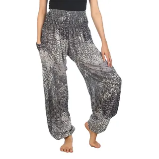 Lofbaz Damen Haremshose mit gesmoktem Buntes Pfauenmuster 3 Schwarz B XL