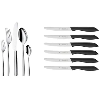 WMF Palma Besteck Set 12 Personen, Essbesteck 60 teilig Monobloc-Messer & Classic Line Frühstücksmesser Set 6-teilig 23 cm, Brötchenmesser Wellenschliff, Brotzeitmesser, schwarz