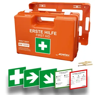 PETEX Betriebsverbandkasten DIN 13157 Profi, mit Wandhalterung, orange
